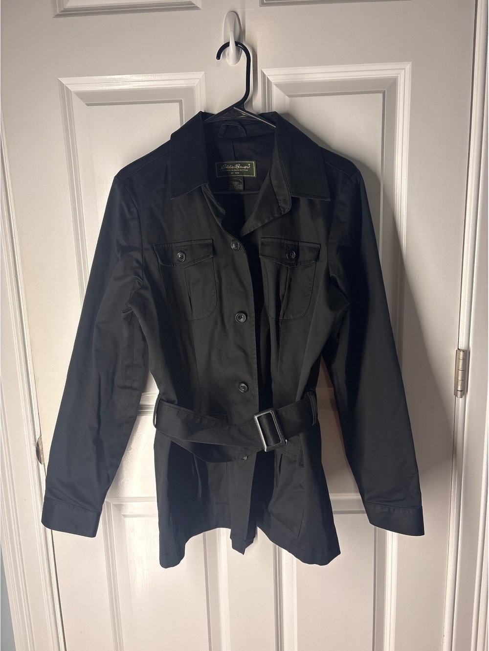 Vintage Utility Minimalist Eddie Bauer Large Belted Safari Black Trench Coat